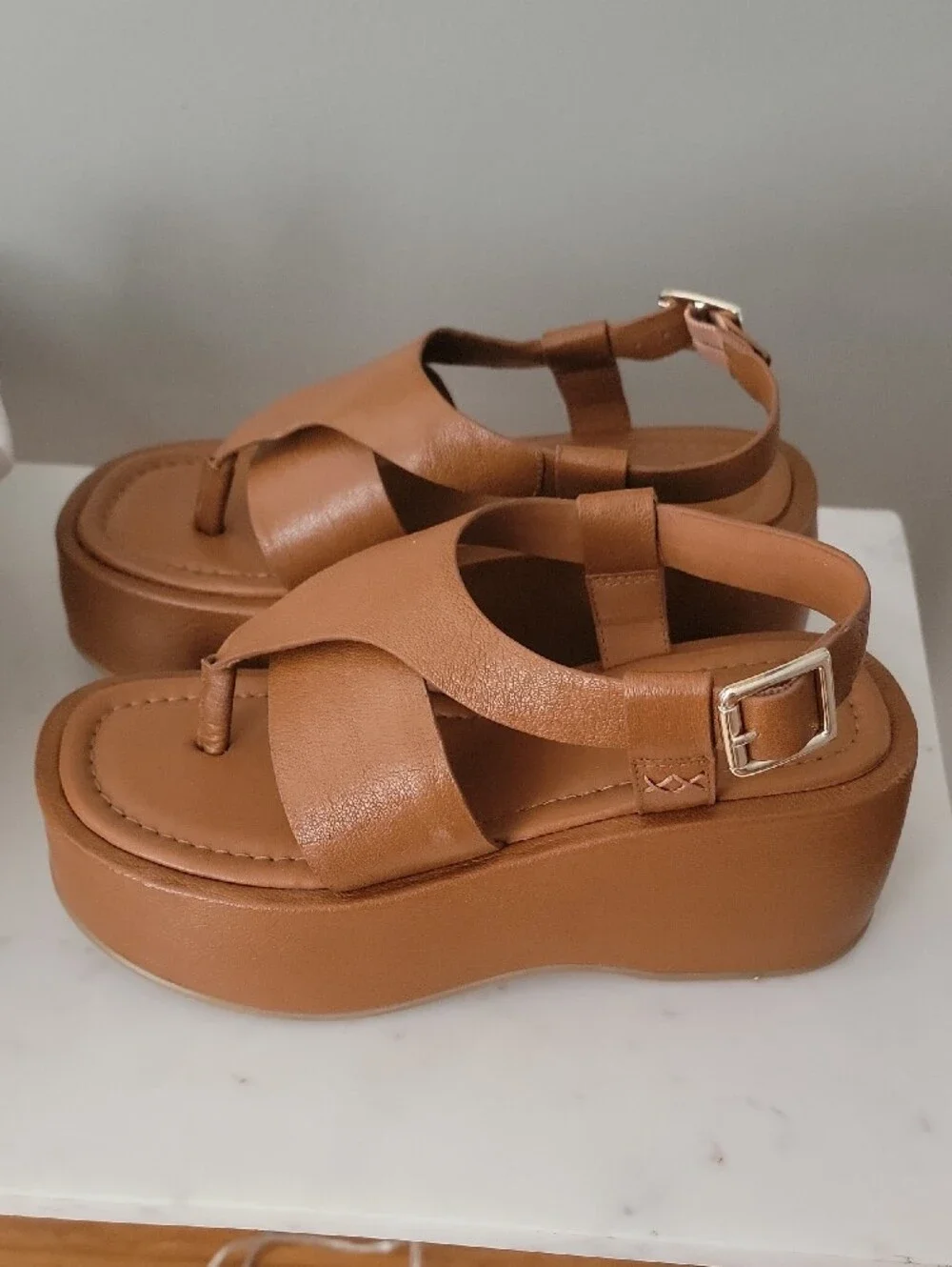 Free People Brown Leather Platform Thong Sandals
